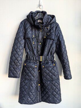 Planet Quilted Belted Hooded Coat Navy | Size 14